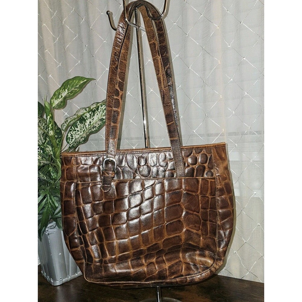 Vtg PAOLA DEL LUNGO Genuine Italian Leather Faux Croc Shoulder Bag Made In Italy